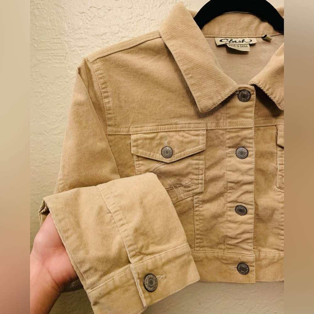 Clash Large Beige Vintage Y2K Cropped Embroidered Corduroy Button Up Jacket